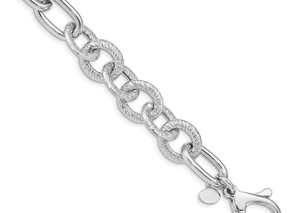 Sterling Silver Rhodium Plated Polished Textured Fancy Link Bracelet (Style QG4845-8)