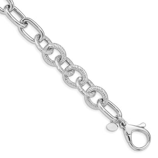Sterling Silver Rhodium Plated Polished Textured Fancy Link Bracelet (Style QG4845-8)