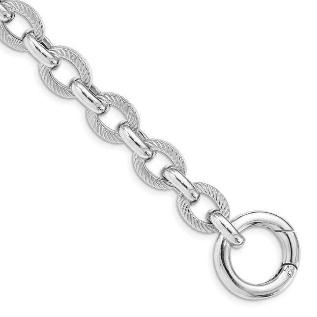 Sterling Silver Rhodium Plated Polished Textured Fancy Link Bracelet, 7.25 x 10.4mm
