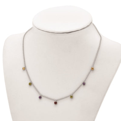 Prizma Sterling Silver Rhodium Plated Dangling Colorful CZ Necklace with Extender