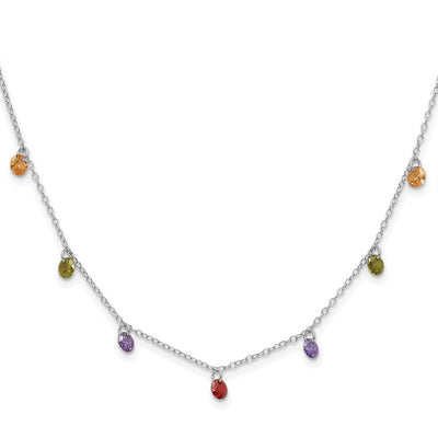 Prizma Sterling Silver Rhodium Plated Dangling Colorful CZ Necklace with Extender