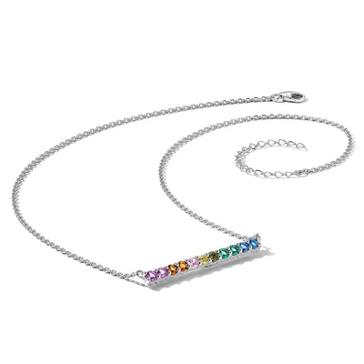 Prizma Sterling Silver Rhodium-plated with Fancy Lobster Clasp Colorful CZ Bar Necklace