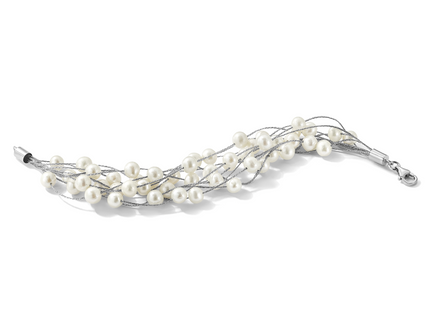 Sterling Silver Rhodium-plated 5- White Semi-Round Freshwater Cultured Pearl Multi Strand 7. Bracelet