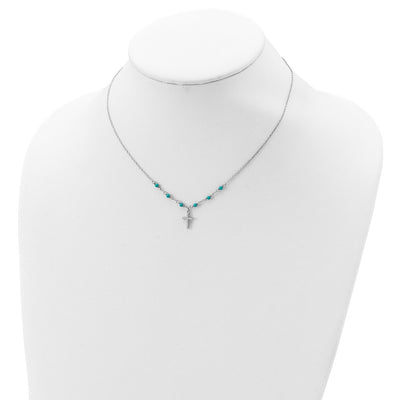 Sterling Silver RH-plated CZ Cross Synth. Turquoise 2in ext Necklace