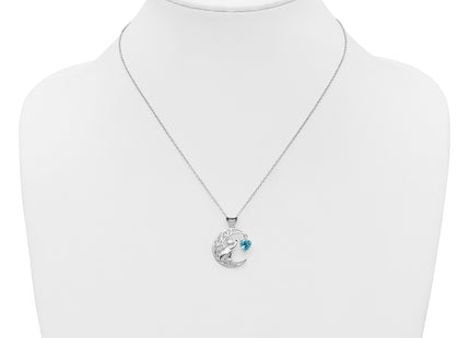 Sterling Silver Blue and Clear CZ Cat and Moon Necklace