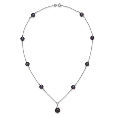Sterling Silver Rhodium-plated Black Semi-Round Freshwater Cultured Pearl Necklace and Dangle Earrings Set