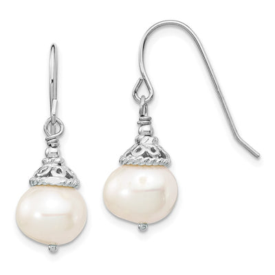 Sterling Silver Rhodium-plated White Near-Round Freshwater Cultured Pearl Necklace and Dangle Earrings Set