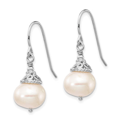 Sterling Silver Rhodium-plated White Near-Round Freshwater Cultured Pearl Necklace and Dangle Earrings Set