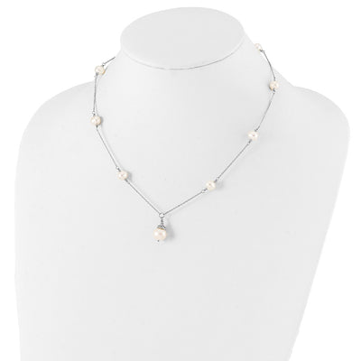 Sterling Silver Rhodium-plated White Near-Round Freshwater Cultured Pearl Necklace and Dangle Earrings Set