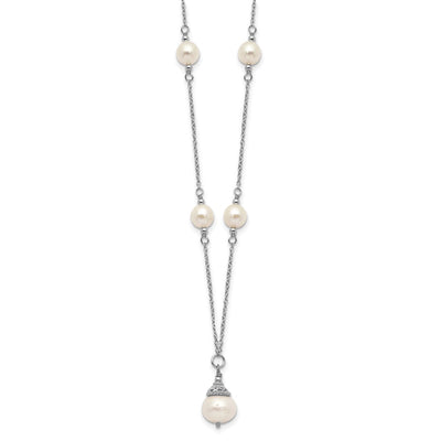 Sterling Silver Rhodium-plated White Near-Round Freshwater Cultured Pearl Necklace and Dangle Earrings Set