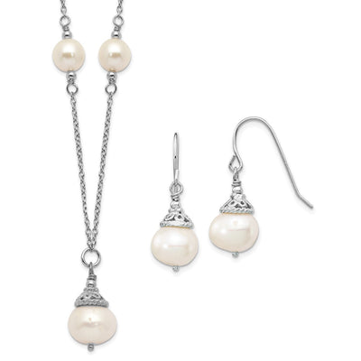 Sterling Silver Rhodium-plated White Near-Round Freshwater Cultured Pearl Necklace and Dangle Earrings Set