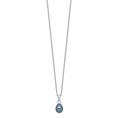Sterling Silver Rhodium-plated Black Teardrop Freshwater Cultured Pearl Necklace and Button Post Earrings Set