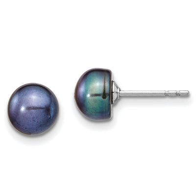 Sterling Silver Rhodium-plated Black Teardrop Freshwater Cultured Pearl Necklace and Button Post Earrings Set
