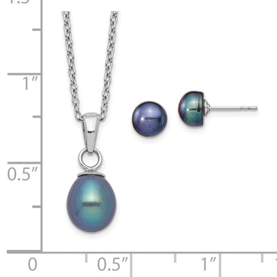 Sterling Silver Rhodium-plated Black Teardrop Freshwater Cultured Pearl Necklace and Button Post Earrings Set