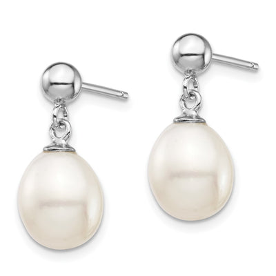 Sterling Silver Rhodium-plated White Rice Freshwater Cultured Pearl Necklace and Post Dangle Earrings Set