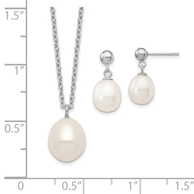 Sterling Silver Rhodium-plated White Rice Freshwater Cultured Pearl Necklace and Post Dangle Earrings Set
