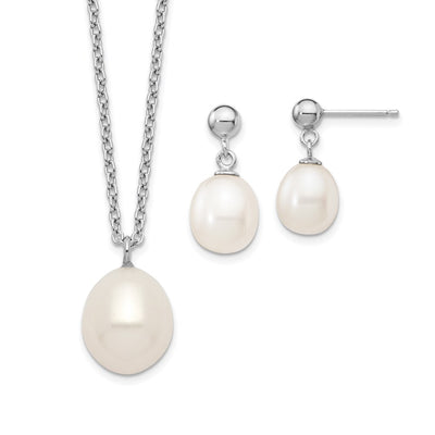Sterling Silver Rhodium-plated White Rice Freshwater Cultured Pearl Necklace and Post Dangle Earrings Set