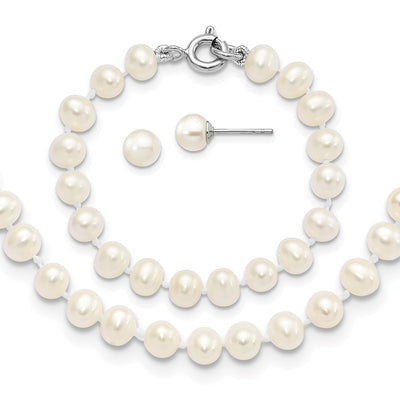 Sterling Silver Madi K Rhodium-plated White Semi-Round Freshwater Cultured Pearl Necklace, Bracelet & Button Post Earrings Set