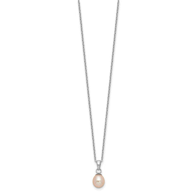 Sterling Silver Rhodium-plated Pink Teardrop Freshwater Cultured Pearl Necklace and Button Post Earrings Set