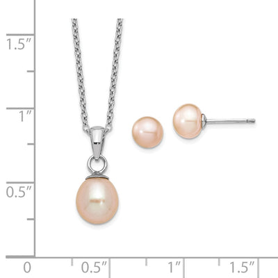 Sterling Silver Rhodium-plated Pink Teardrop Freshwater Cultured Pearl Necklace and Button Post Earrings Set