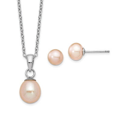 Sterling Silver Rhodium-plated Pink Teardrop Freshwater Cultured Pearl Necklace and Button Post Earrings Set
