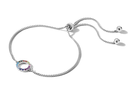 Prizma Sterling Silver Rhodium-plated Colorful CZ Open Circle Adjustable Bolo Bracelet