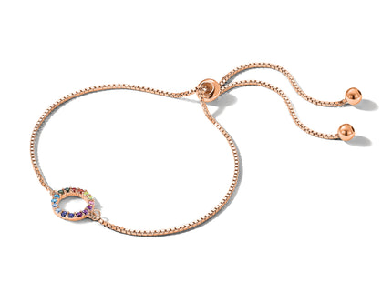 Prizma Sterling Silver Rose-tone 14K Flash Rose Gold-plated Colorful CZ Open Circle Adjustable Bolo Bracelet