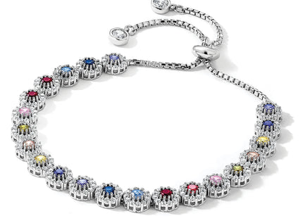 Prizma Sterling Silver Rhodium-plated White and Colorful CZ Adjustable Bolo Bracelet