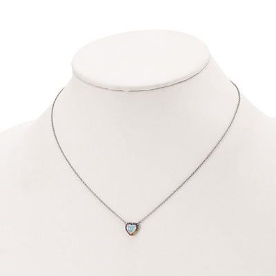 Sterling Silver Rhodium-plated Lab Created Opal and Colorful CZ Heart Necklace with Extender