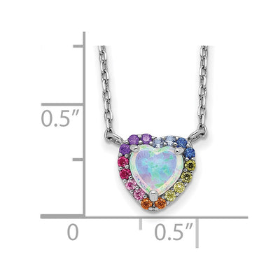 Sterling Silver Rhodium-plated Lab Created Opal and Colorful CZ Heart Necklace with Extender