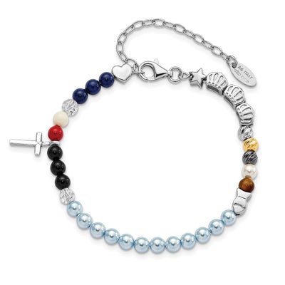 AMEN Sterling Silver Jesus' Story Multi Glass Pearl Onyx Agate Crystals Cross Fancy Lobster Clasp Bracelet with Extender
