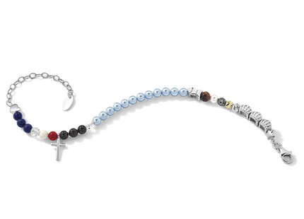 AMEN Sterling Silver Jesus' Story Multi Glass Pearl Onyx Agate Crystals Cross Fancy Lobster Clasp Bracelet with Extender