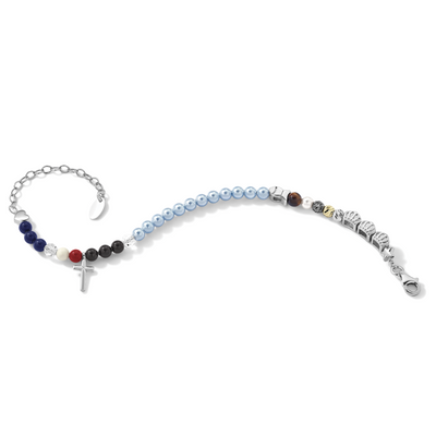 AMEN Sterling Silver Jesus' Story Multi Glass Pearl Onyx Agate Crystals Cross Fancy Lobster Clasp Bracelet with Extender