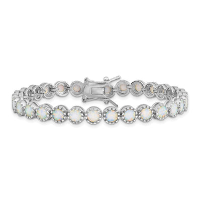 Sterling Silver Rhodium-plated Beaded White Created Opal Inlay Bracelet