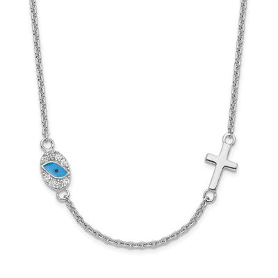 Sterling Silver RH CZ Enamel Cross w/Eye 6.5in w/1in ext Necklace