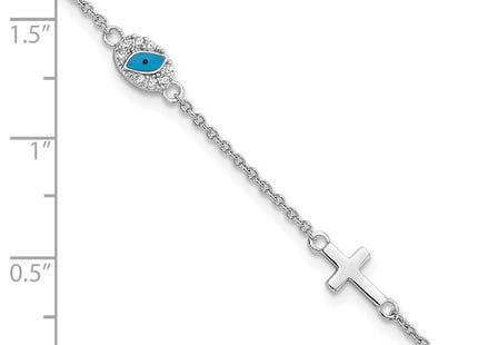 Sterling Silver RH CZ Enamel Cross w/Eye 6.5in w/1in ext Necklace