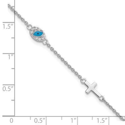 Sterling Silver RH CZ Enamel Cross w/Eye 6.5in w/1in ext Necklace