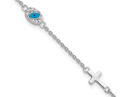 Sterling Silver RH CZ Enamel Cross w/Eye 6.5in w/1in ext Necklace