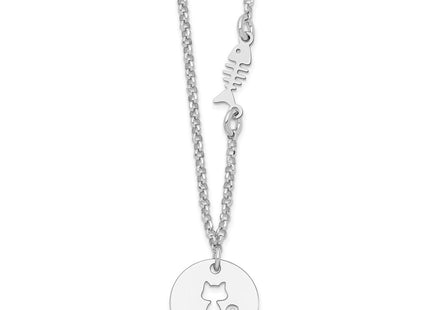 Sterling Silver Rhodium-plated Kitty and Fish w/1 in Ext Necklace (Style QG6211-16)