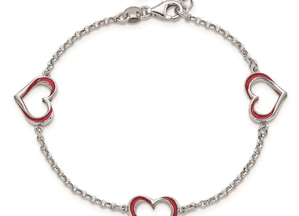 Sterling Silver Rhodium-plated Red Enamel 3-Heart w/.5 in Ext Necklace