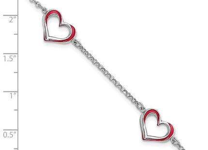 Sterling Silver Rhodium-plated Red Enamel 3-Heart w/.5 in Ext Necklace