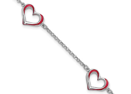 Sterling Silver Rhodium-plated Red Enamel 3-Heart w/.5 in Ext Necklace