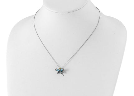 Brilliant Gemstones Sterling Silver with 14K Accent Rhodium-plated Light Blue Topaz and London Blue Topaz and Diamond Dragonfly Necklace with Extender (Style QG6232-17)