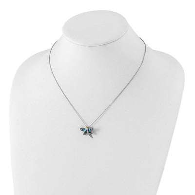Brilliant Gemstones Sterling Silver with 14K Accent Rhodium-plated Light Blue Topaz and London Blue Topaz and Diamond Dragonfly Necklace with Extender, 20 x 22.5mm