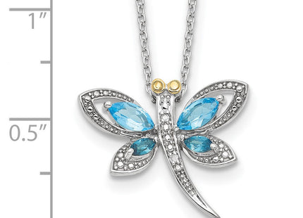 Brilliant Gemstones Sterling Silver with 14K Accent Rhodium-plated Light Blue Topaz and London Blue Topaz and Diamond Dragonfly Necklace with Extender (Style QG6232-17)