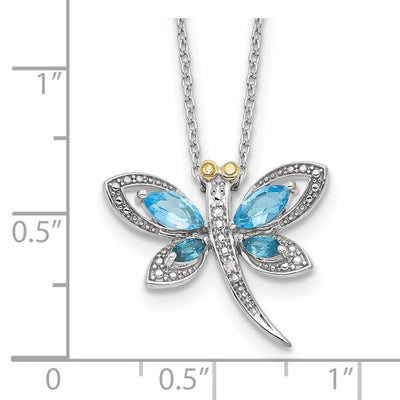 Brilliant Gemstones Sterling Silver with 14K Accent Rhodium-plated Light Blue Topaz and London Blue Topaz and Diamond Dragonfly Necklace with Extender, 20 x 22.5mm