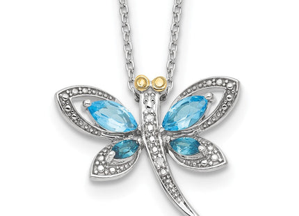 Brilliant Gemstones Sterling Silver with 14K Accent Rhodium-plated Light Blue Topaz and London Blue Topaz and Diamond Dragonfly Necklace with Extender (Style QG6232-17)