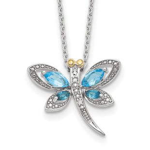 Brilliant Gemstones Sterling Silver with 14K Accent Rhodium-plated Light Blue Topaz and London Blue Topaz and Diamond Dragonfly Necklace with Extender (Style QG6232-17)