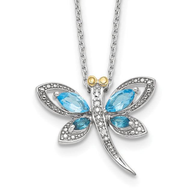 Brilliant Gemstones Sterling Silver with 14K Accent Rhodium-plated Light Blue Topaz and London Blue Topaz and Diamond Dragonfly Necklace with Extender, 20 x 22.5mm