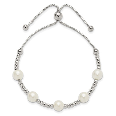 Sterling Silver Polished Beaded and Synthetic Pearl Adjustable Bracelet